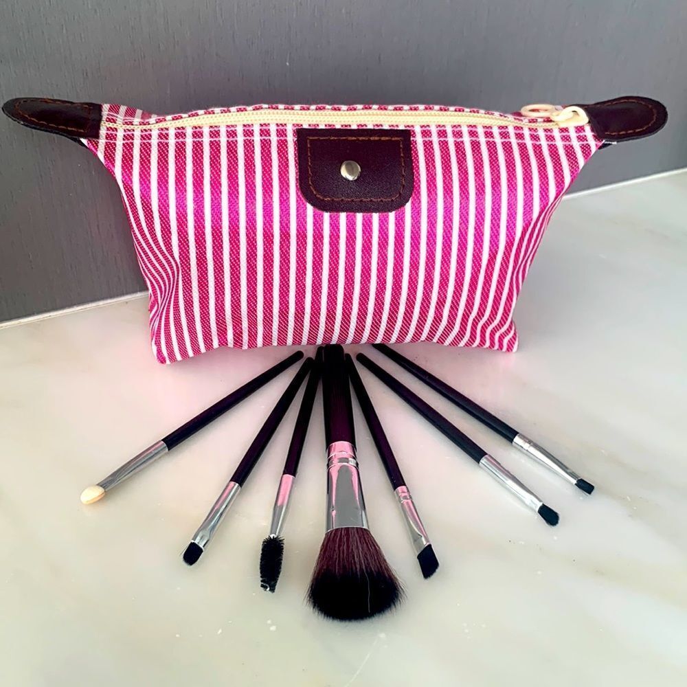 Pink & White Striped Canvas Zippered Pouch, Travel Makeup Brush Set